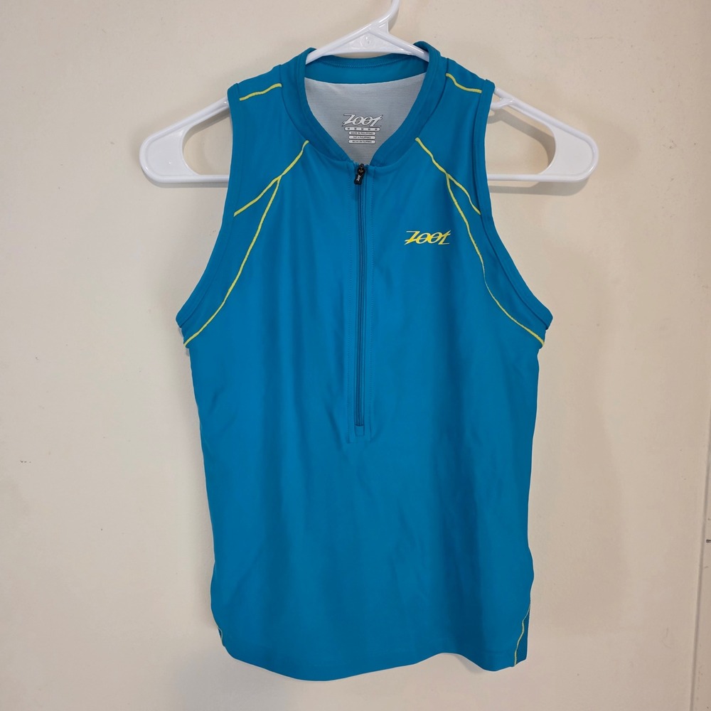 Zoot Womens Triathlon Cycling Jersey Size Medium Blue Yellow Sleeveless Pockets